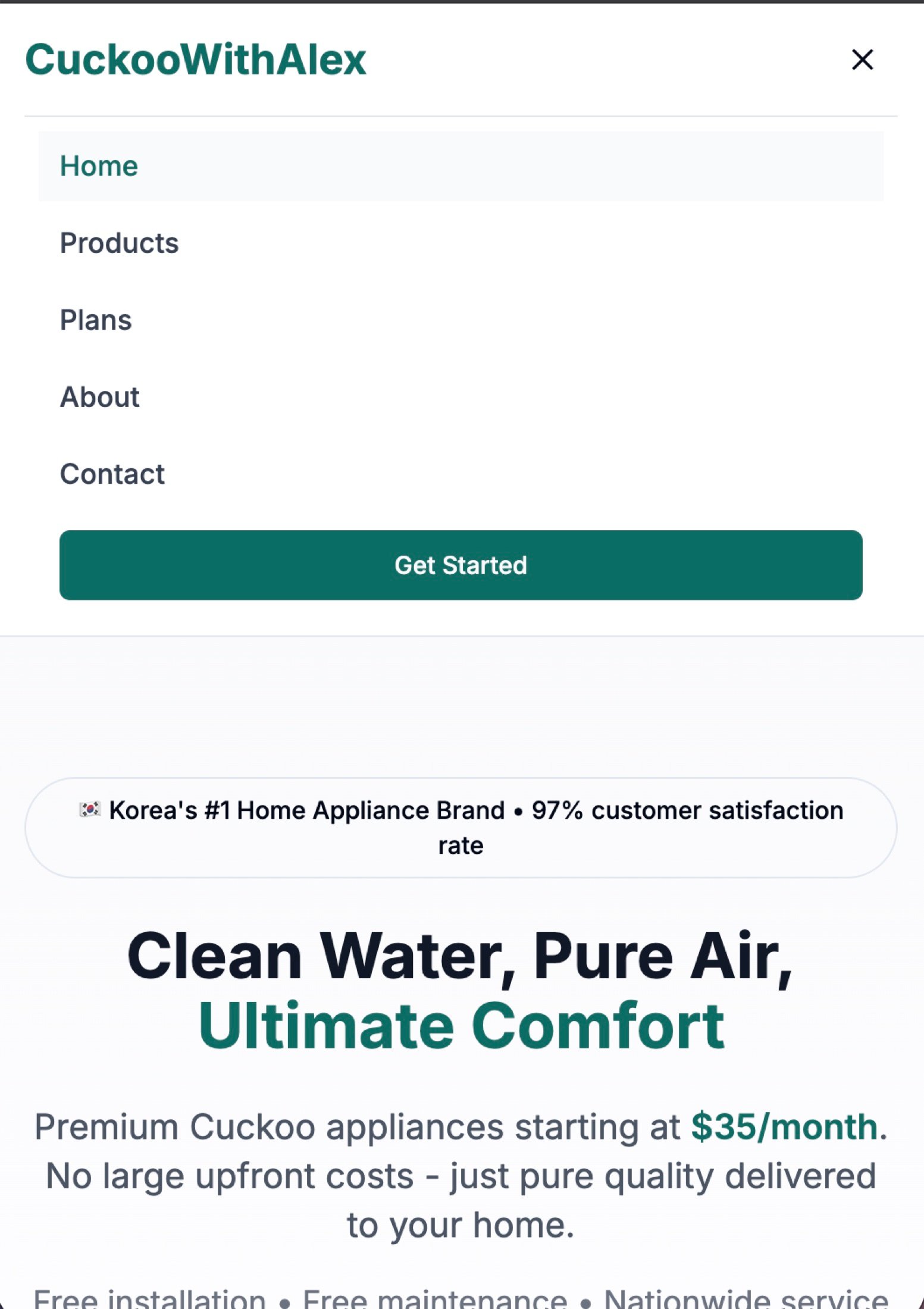 Cuckoo With Alex responsive interface showcasing product benefit cards