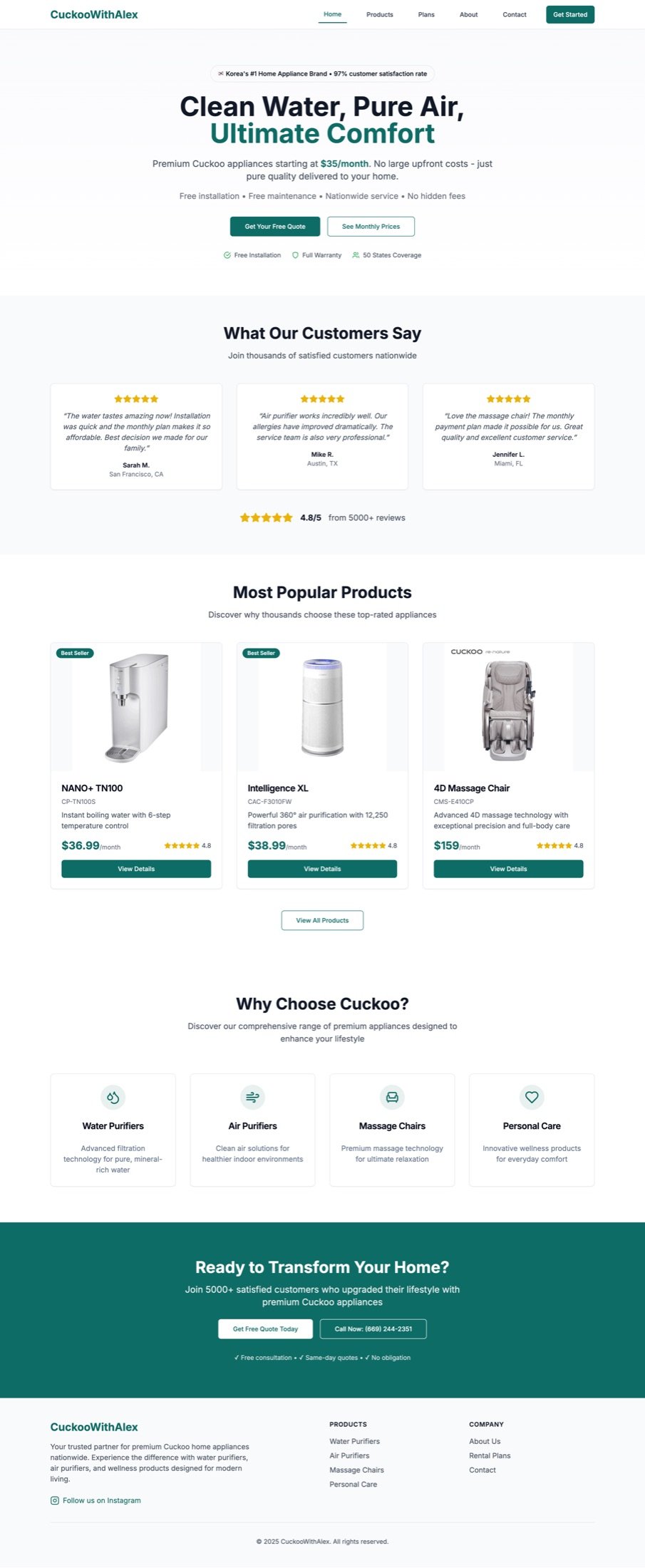 Cuckoo With Alex homepage hero highlighting premium appliance subscriptions