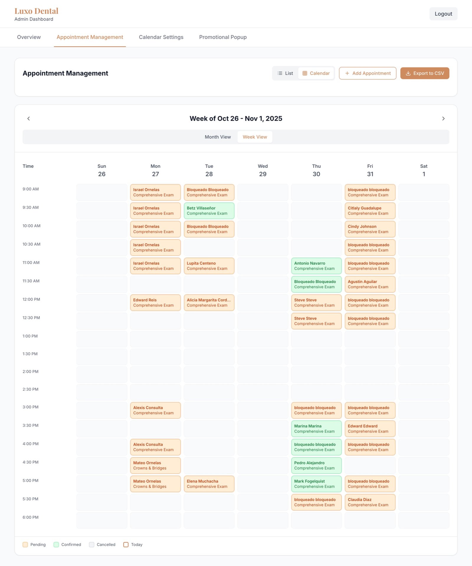Luxo Dental scheduling interface for managing appointments
