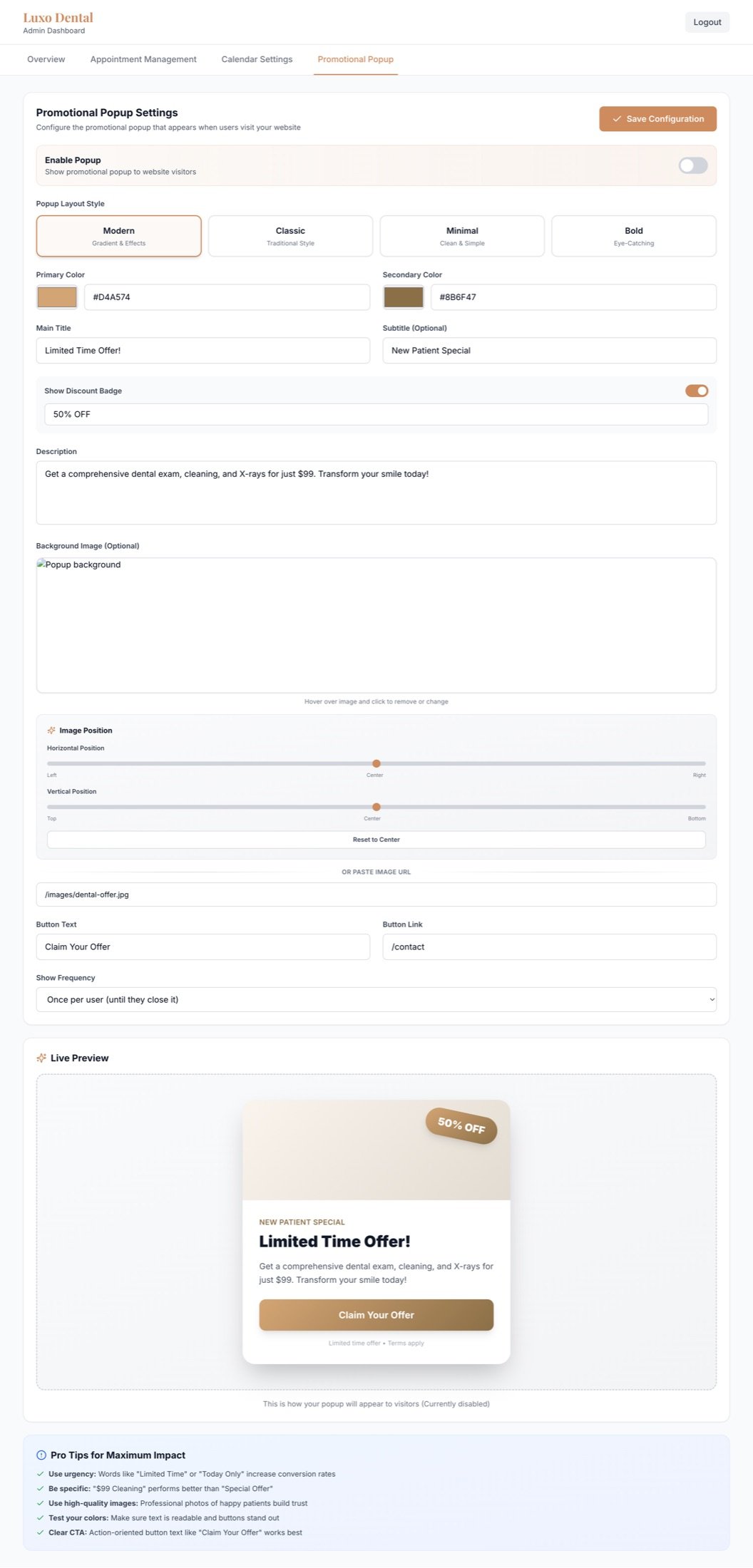 Luxo Dental admin billing and reporting dashboard view