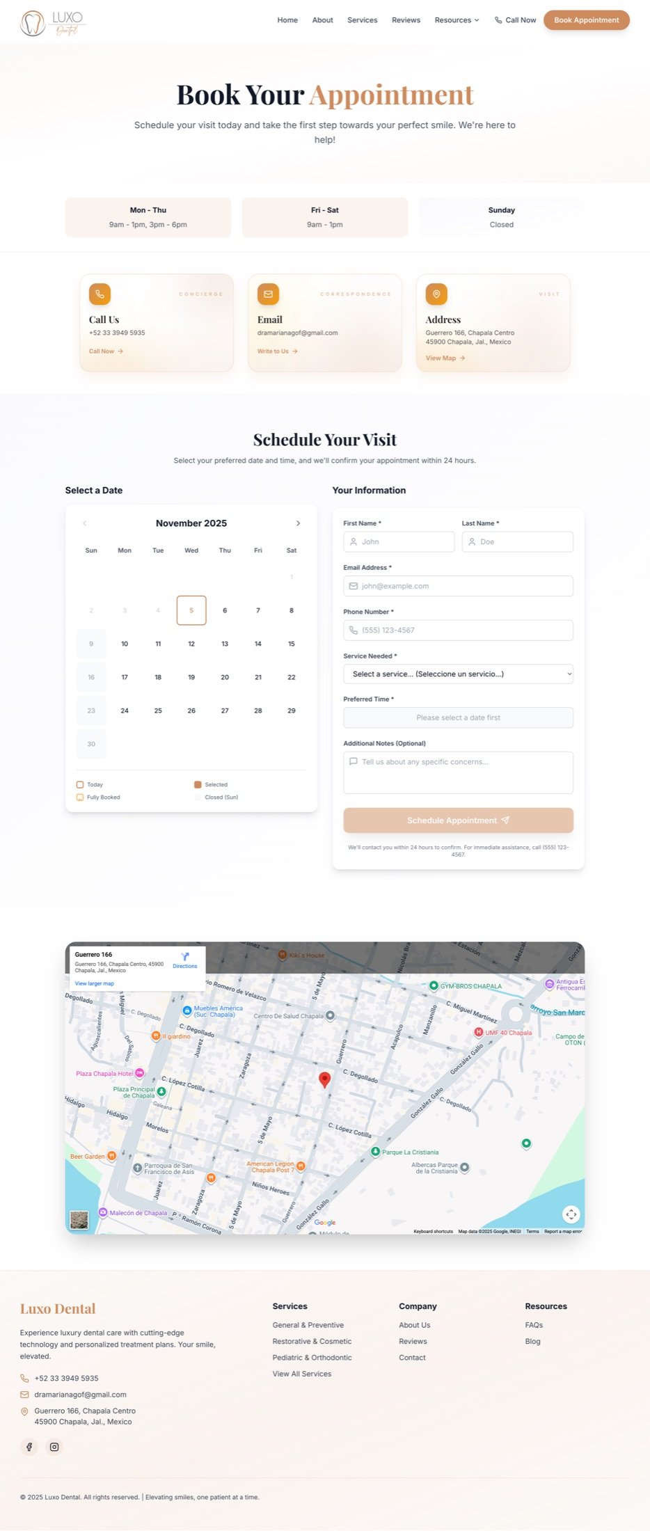 Luxo Dental contact page with bilingual form and clinic details