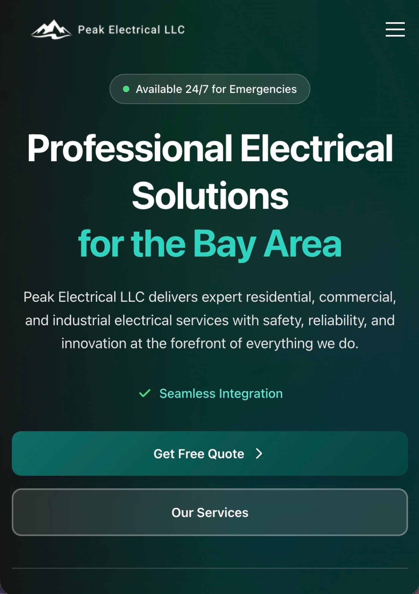 Peak Electrical service overview grid outlining installs, upgrades, and smart home work
