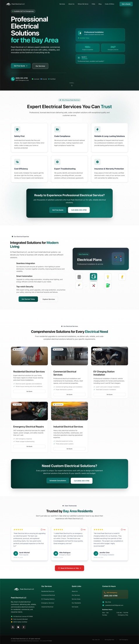 Peak Electrical homepage hero showcasing core services and CTA bar