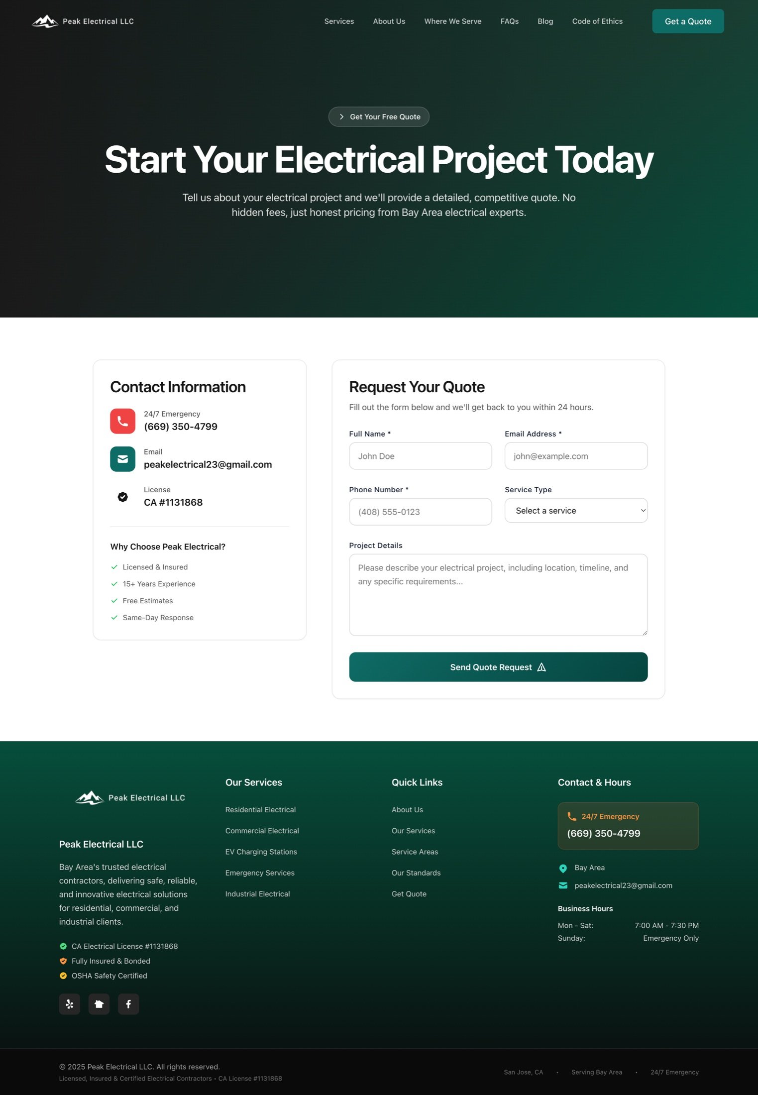 Peak Electrical get-a-quote form highlighting service types and timeline