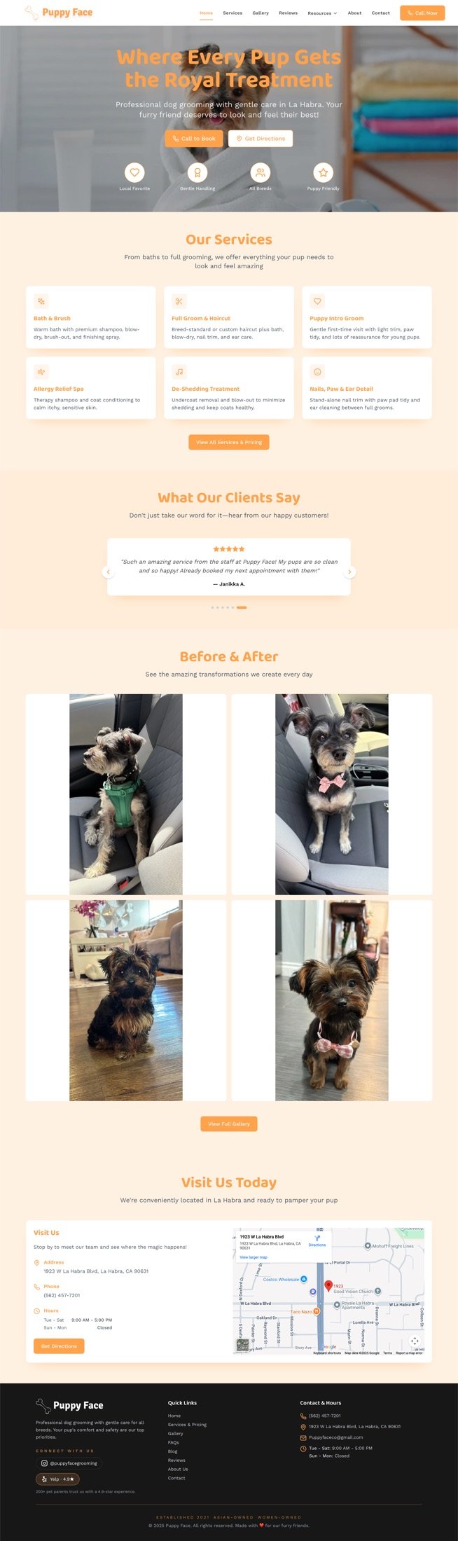 Puppy Face homepage hero showcasing CTA chips for call, text, and booking