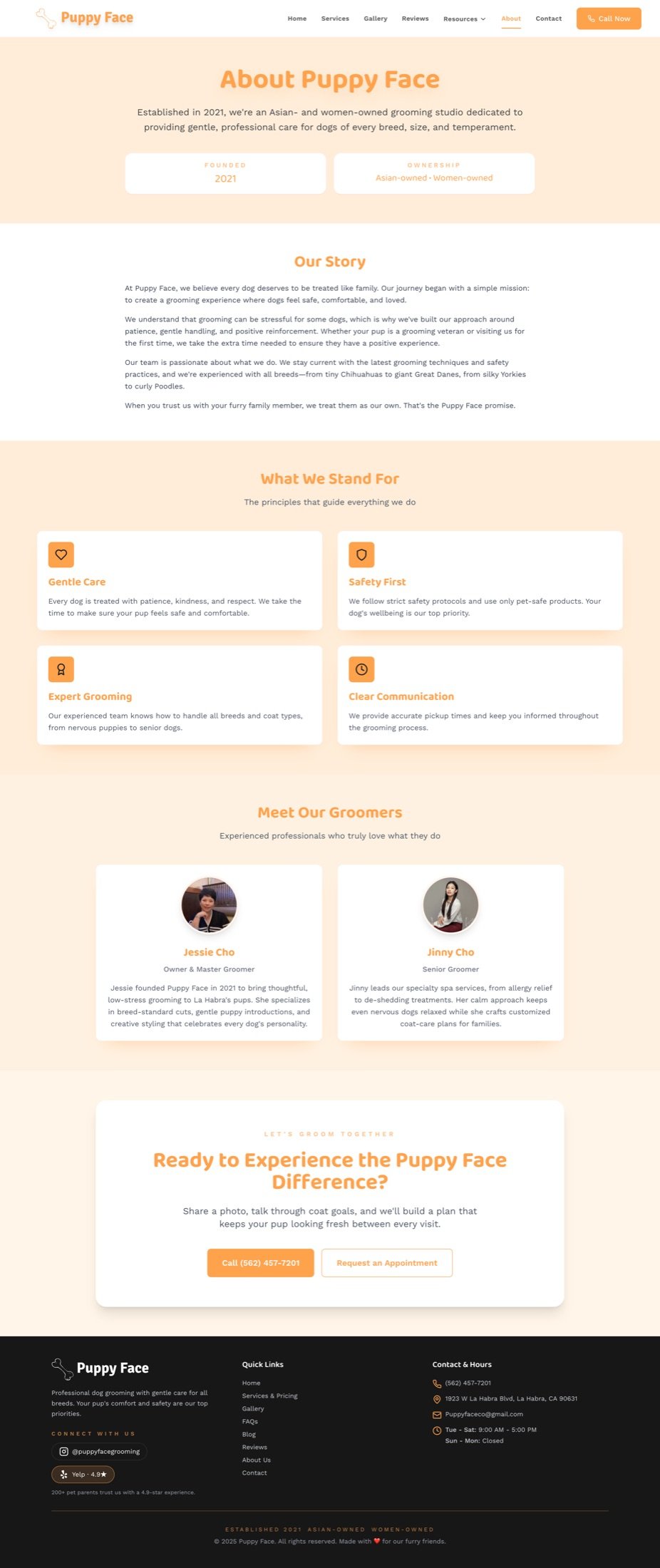 About Puppy Face section highlighting ownership story and brand badges