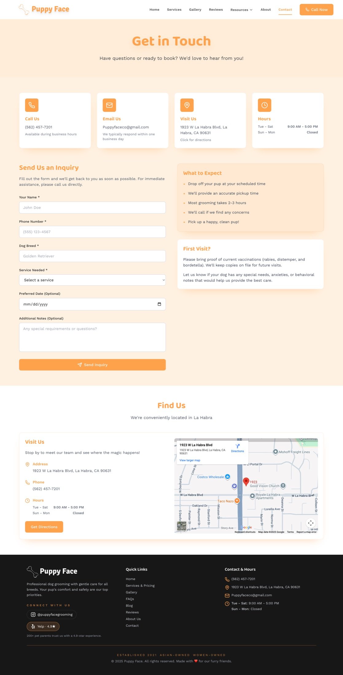 Contact details module with hours, address, and Yelp integration